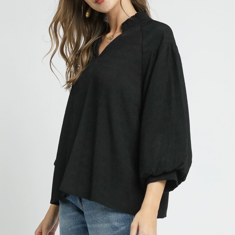 Umgee Textured V-Neck Blouse with‎ Balloon Sleeves - Picture 3 of 5